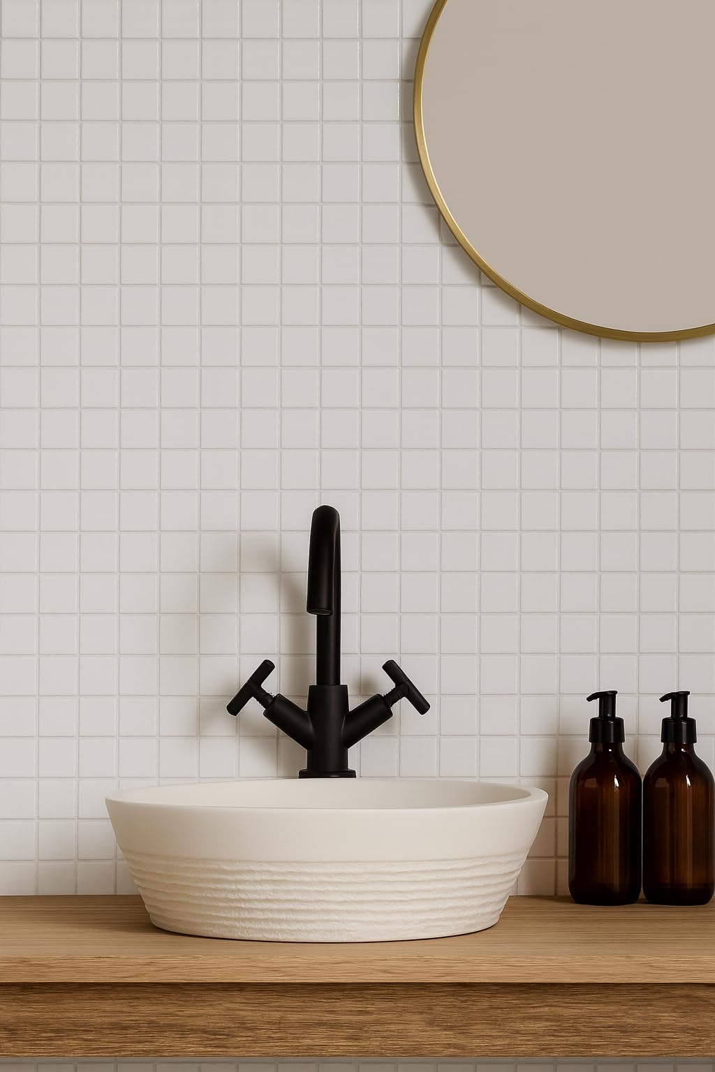 Modelo G001 (Blanco Brillo) Mosaico enmallado de Porcelanico. Medida 4,8x4,8cm. Pegado en Mallas de 30x30cm