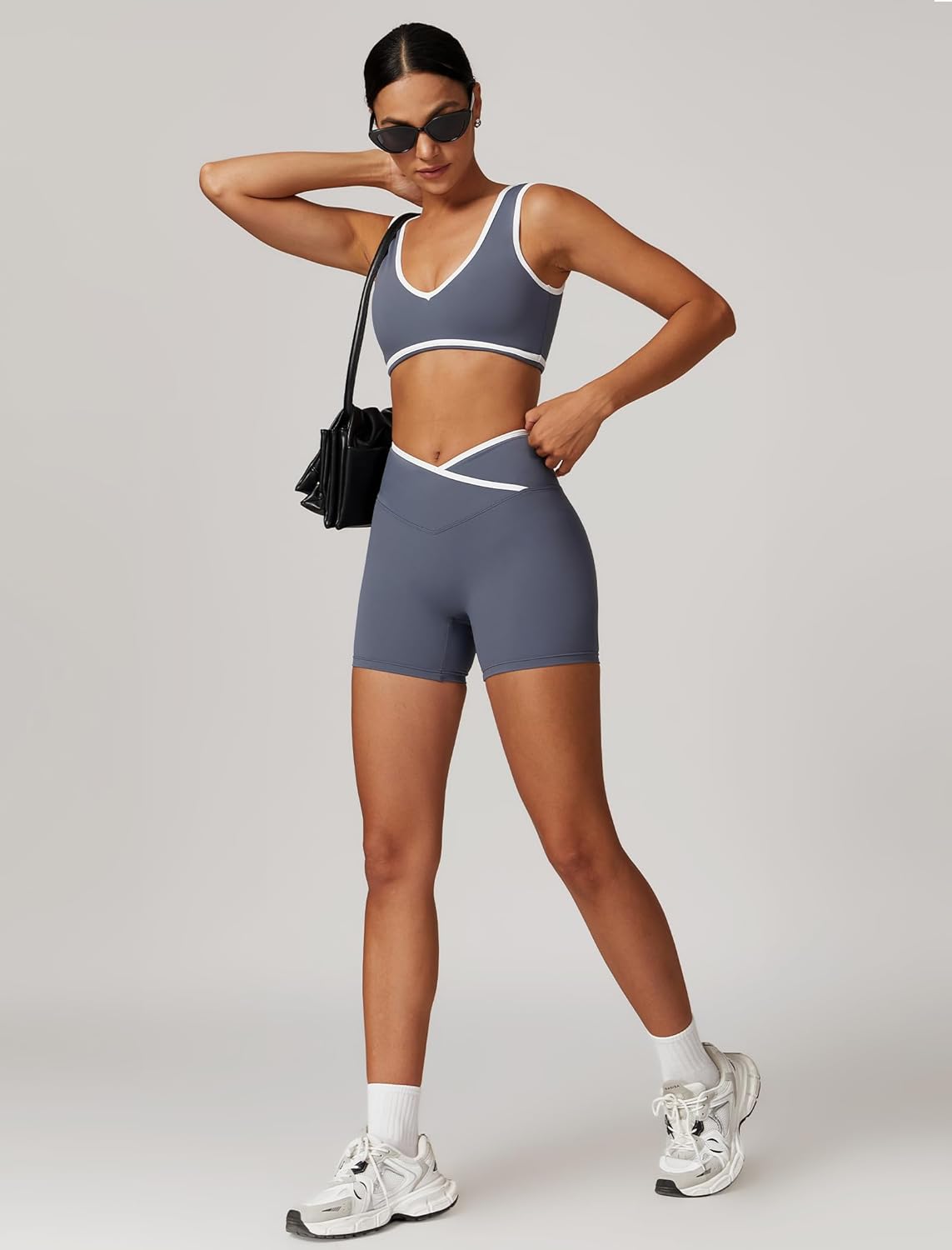 ABOCIW Workout Sets for Women Color Block Sports Bra Crossover Waist Shorts 2 Piece Gym Yoga Pilates Outfits - Image 5