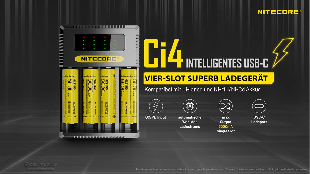 Nitecore Cargador USB-C CI4 para baterías de iones de litio, NiMH y NI-Cd