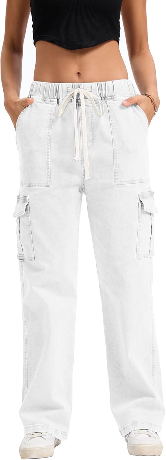 YOCUR Mid Rise Cargo Jeans Women Elastic Waist Stretch Wide Leg Denim Pants Pockets Multistyle Straight Leg Denim Trousers