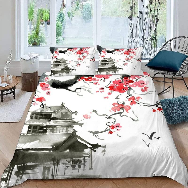 Japanese Style Kiosk King Size Duvet Cover Sets Bedding Sets King Size 3 Pcs Soft Hypoallergenic Microfibre Quilt Cover 230x220 and 2 Pillowcases 50x75 with Zipper Closure