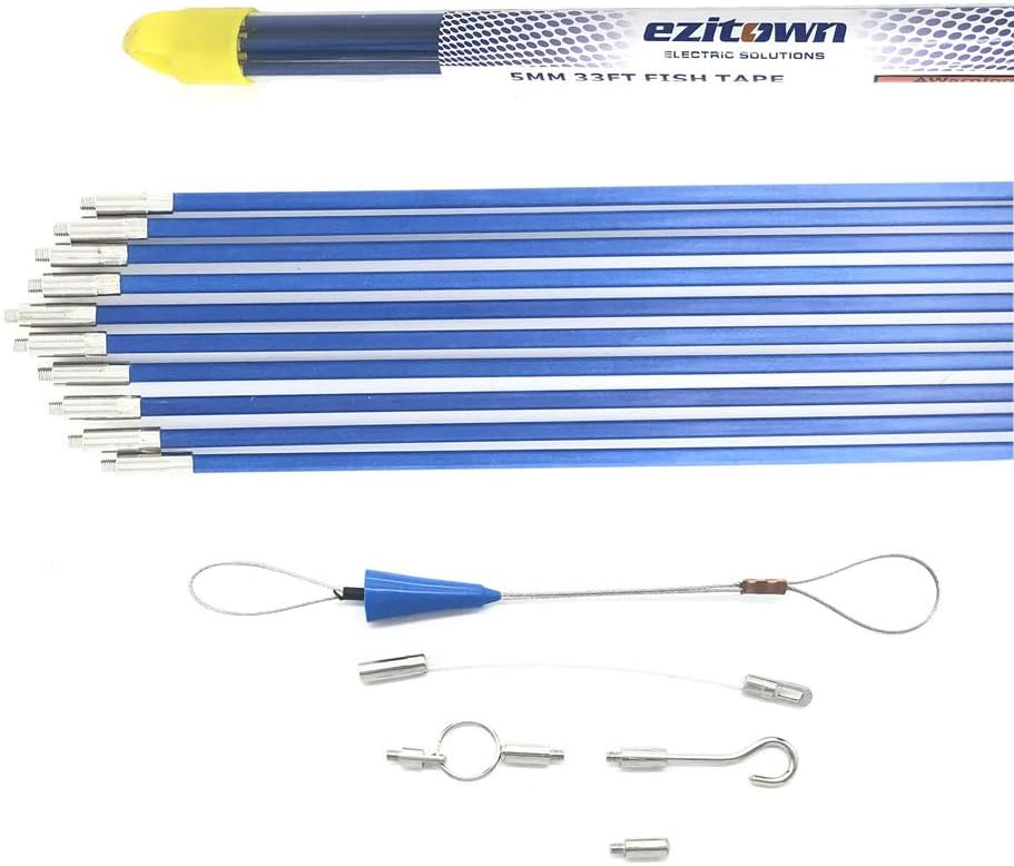 Fiberglass Fish Tape Kit Connectable Cable Puller Diameter 5mm 33 FT Connector Thread M4 Pull Push Electrical Wire Rods with Hook and Eye