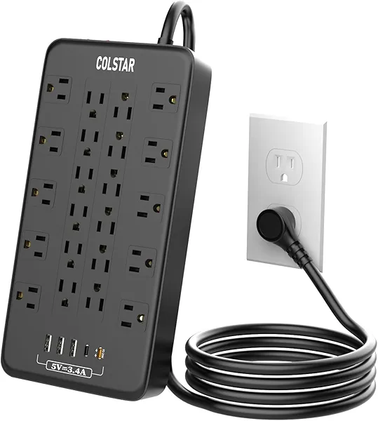 COLSTAR Surge Protector Power Strip with 22 Outlets & 5 USB Ports (1 PD 20W), 2700J Protection, Flat Plug, Wall-Mountable, 6ft Heavy-Duty Cord for Home, Office, Dorm, Gaming Room