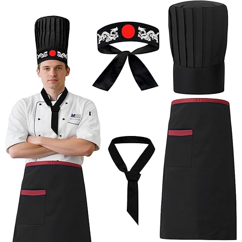 Hibachi Chef Costume Set 4PC - Hibachi chef hat and Apron, Japanese Headband & Tie, Hibachi chef outfit for hibachi party decorations, Halloween party decorations and BBQ Birthday Party Decor