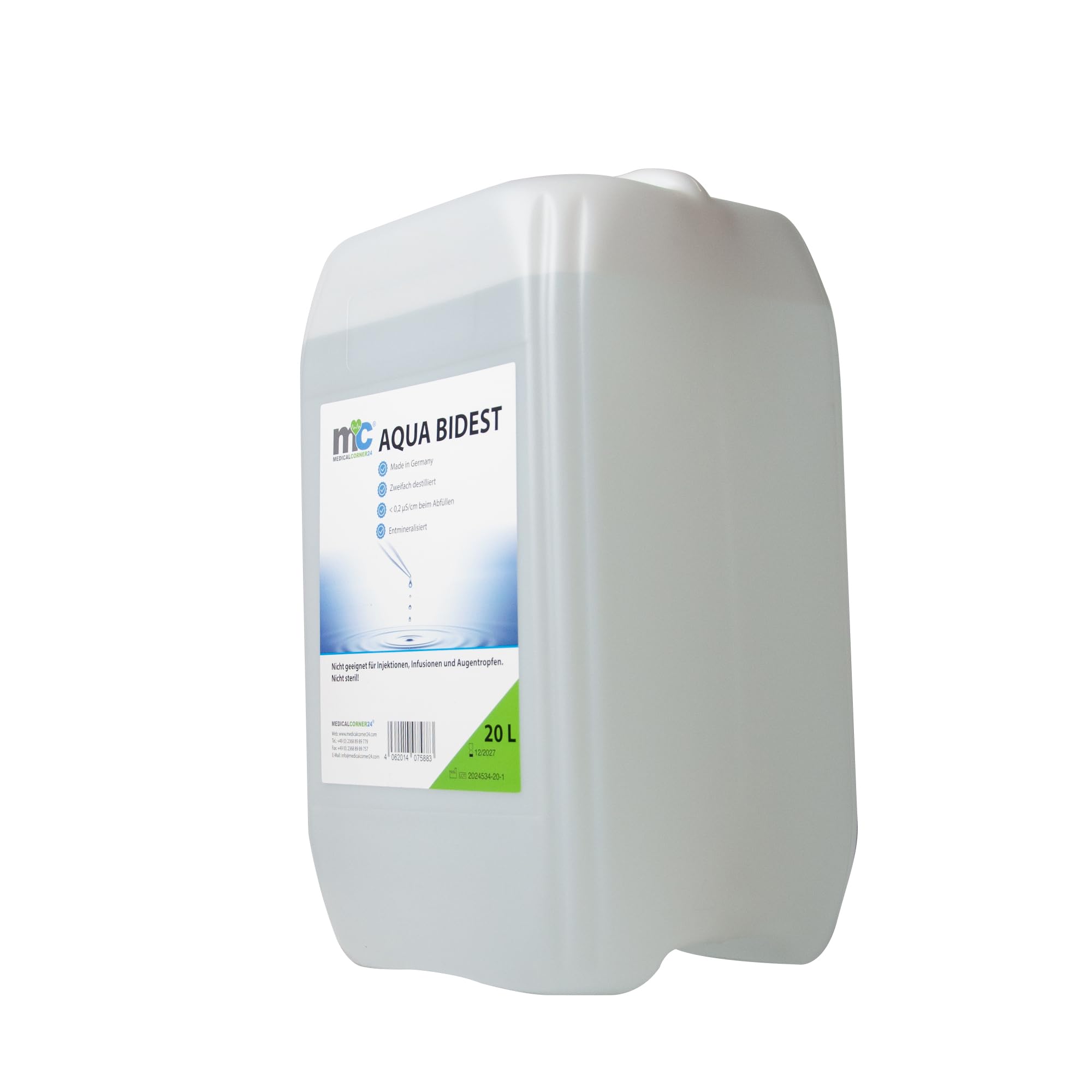 Medicalcorner24 Aqua Bidest Laborwasser, Zweifach Destilliert, Demineralisiert, 20 L Kanister, Made in Germany