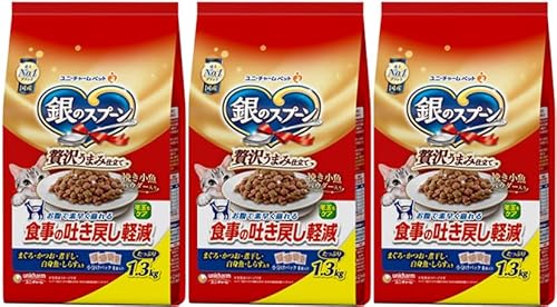 【吐き戻し軽減】 銀のスプーン贅沢うまみ仕立て食事の吐き戻し軽減フードまぐろ・かつお・煮干し・白身魚・しらす入り1．3Ｋｇ×3個セット ユニ・チャーム オリジナルポケットティッシュ付き まとめ買い3個セットのサムネイル