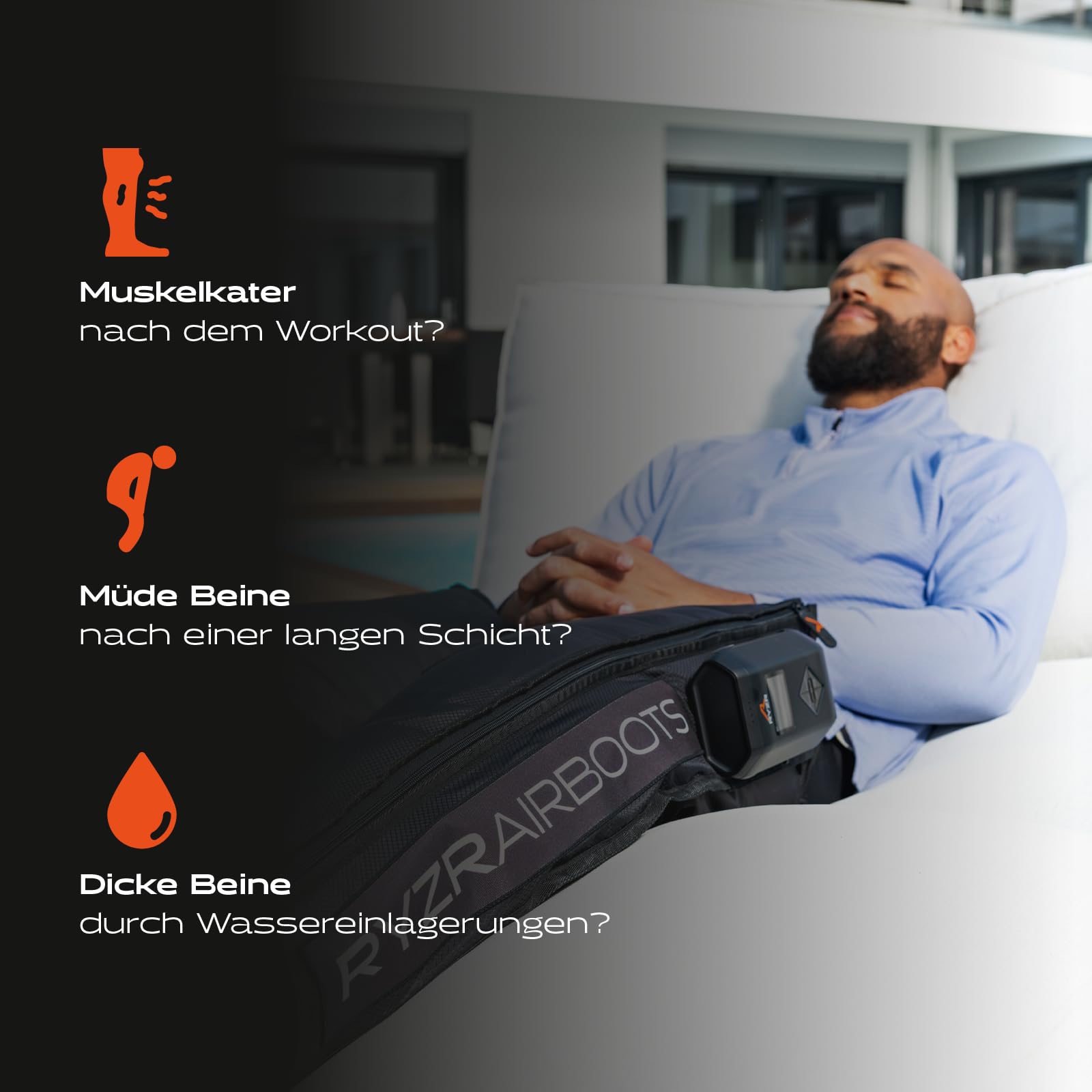 RYZR Airboots (XL) Kabellose Recovery & Kompressions Boots für Beine & Oberschenkel aus dem Profisport– 5-Kammer-System bis 180 mmHg, 5 Modis, Durchblutung, Lymphdrainage & Muskelregeneration