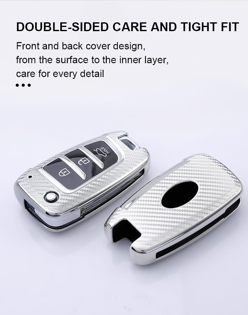 KUNIO Flip Key Fob Cover fit for Hyundai Kona i30 Tucson NX4 2019 2020 2021 2022 2018 2017 2016 Key Cover TPU Carbon Fibre key fob cover Key Case Key Cover 3 Buttons A Silver - Image 4
