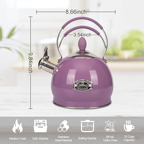 Miniatura 5 de Tetera silbante de acero inoxidable, tetera para estufa de inducción de estufa, olla de agua de ebullición rápida, 2.6 cuartos de galón