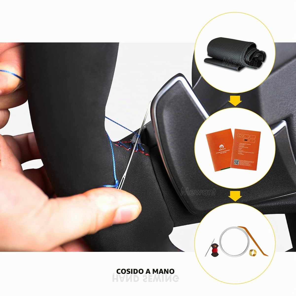 MEWANT Funda de Volante a Medida para Coser Mazda Mazda 3 | volante de coche / Mazda 3 / 6 / 2 / CX-3 / CX-5 2014-2017 y Scion iA 2017 Black Leather Transpirable Duradero