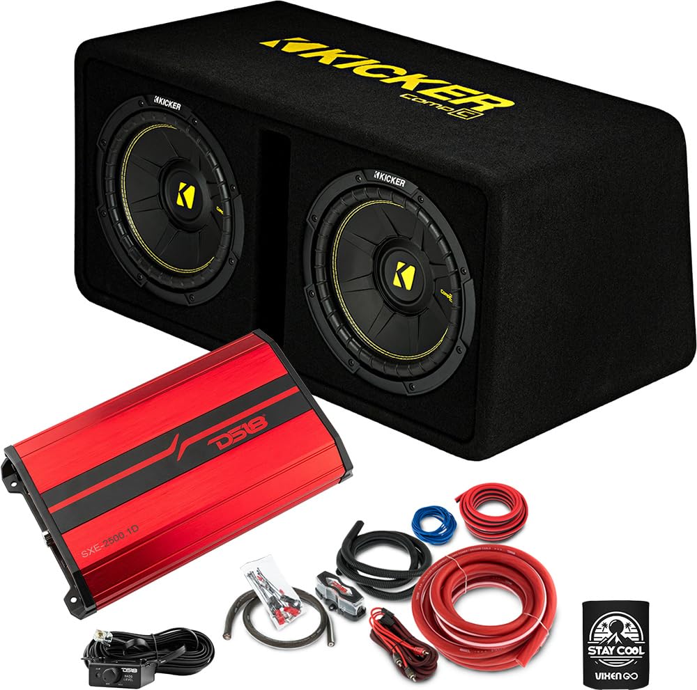 KICKER Subwoofer and Amp Package of 3 Items - 10" CompC Vented 1200 Watt Dual Sub Enclosure, DS18 Class D Monoblock Amplifier (Red), and Complete 4AWG