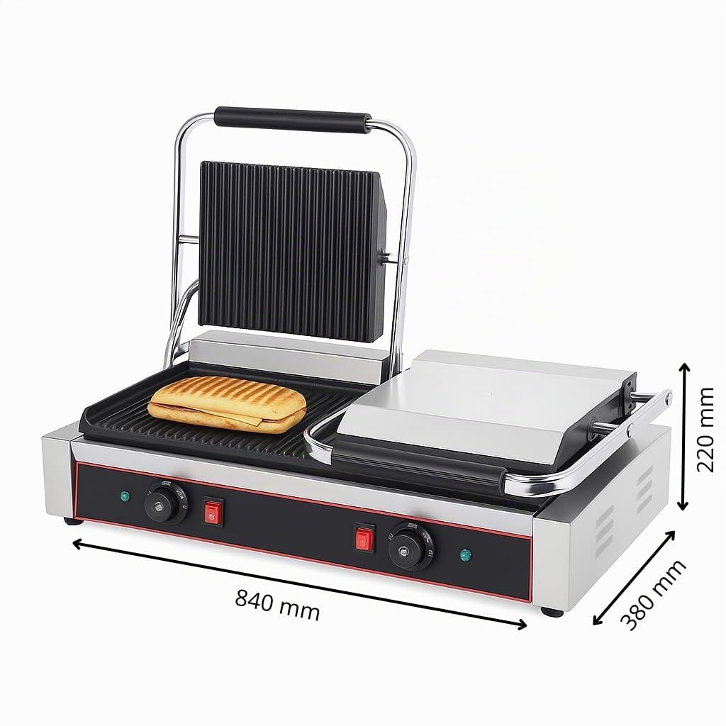 Parrilla Panini Profesional Doble 4,4 kW - Placas de hierro fundido 240 x 235 mm x 2 - Temperatura 0-300°C - Bandeja de grasa de acero inoxidable - Estructura de acero inoxidable - Suspensión superior