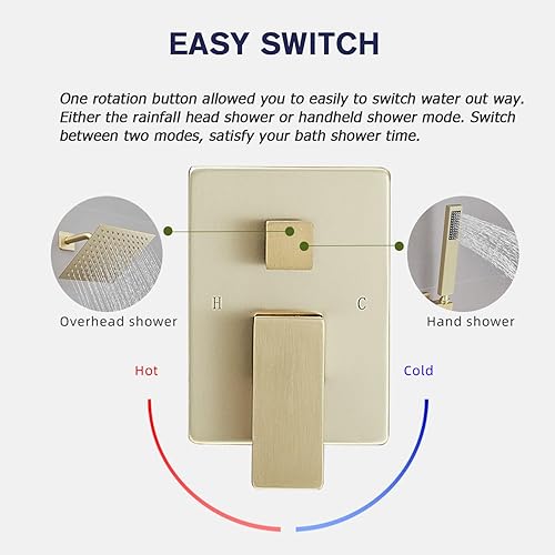 Miniatura 6 de annazom Juego de grifo de ducha dorado cepillado de 8 pulgadas, cabezal de ducha de alta presión con soporte de pared de rociador de mano con