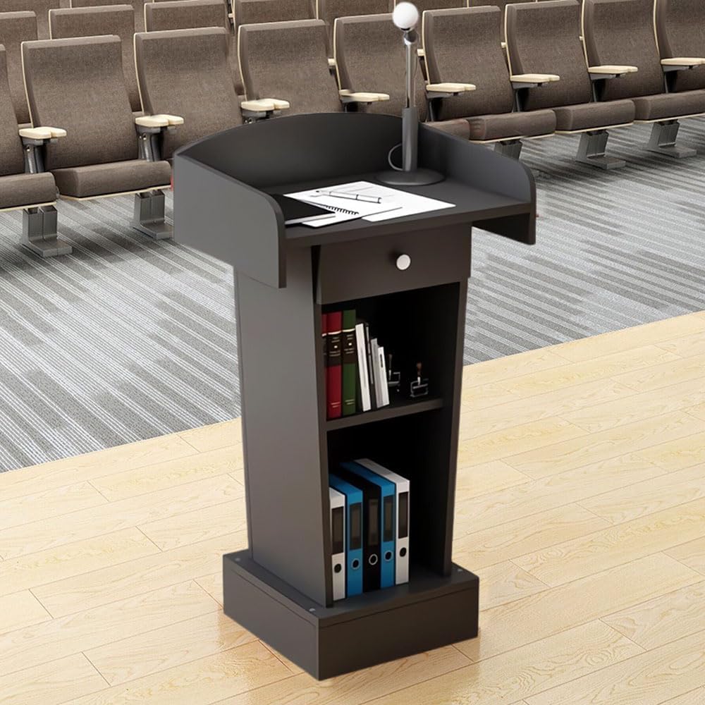 Wooden Podium, Hostess Stand Speaking Lectern, Portable Podium Stand Reception Desk with Drawer, Podium Pulpits for Churches Classroom (Black)