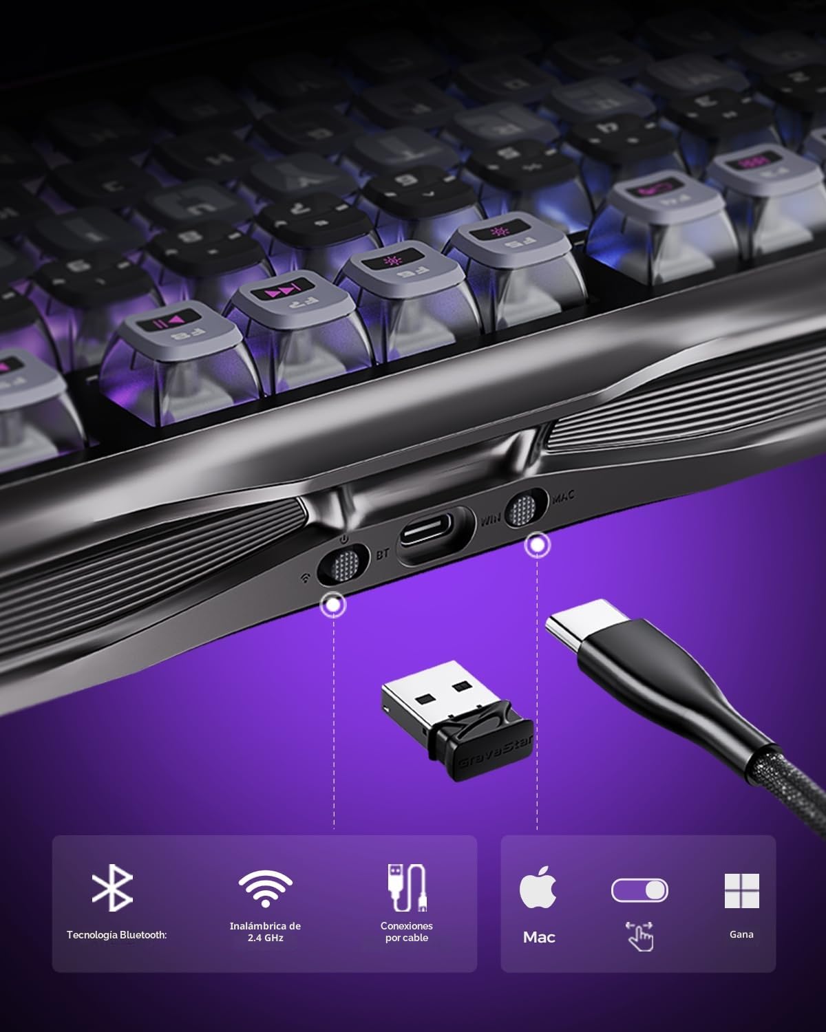 GravaStar Mercury K1 Pro Teclado mecánico Gaming 75 % Compacto, Teclado inalámbrico Bluetooth con retroiluminación RGB, Hot-Swap, interruptores lineales (Cyberpunk)