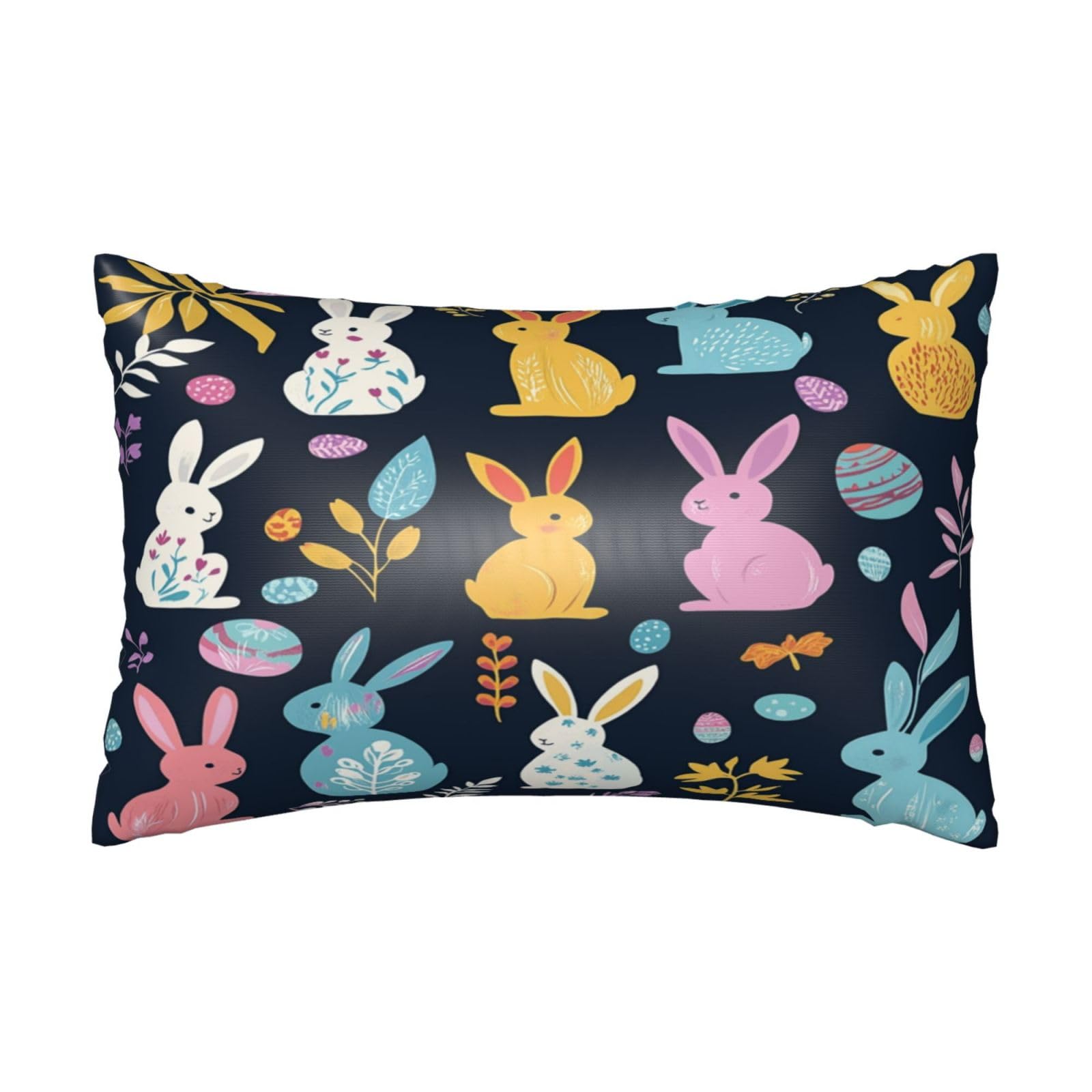 Happy Easter Rabbits Satin Pillowcase Bunny Eggs Leaves Silk Pillow Cases for Hair and Skin Slipping Body Pillow Cover with Zipper Queen Size 20x30 Pillowcase Decorative for Kids Bedroom