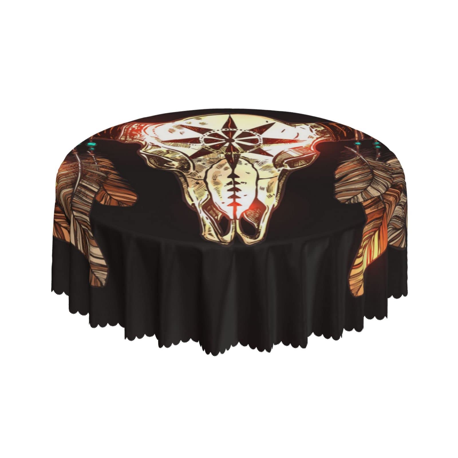 Lsjuee Skull Bull Head Feathers American Round Tablecloth 60 Inch Printed Washable Tablecloth for Dining Party Holiday Fall Home Decorative