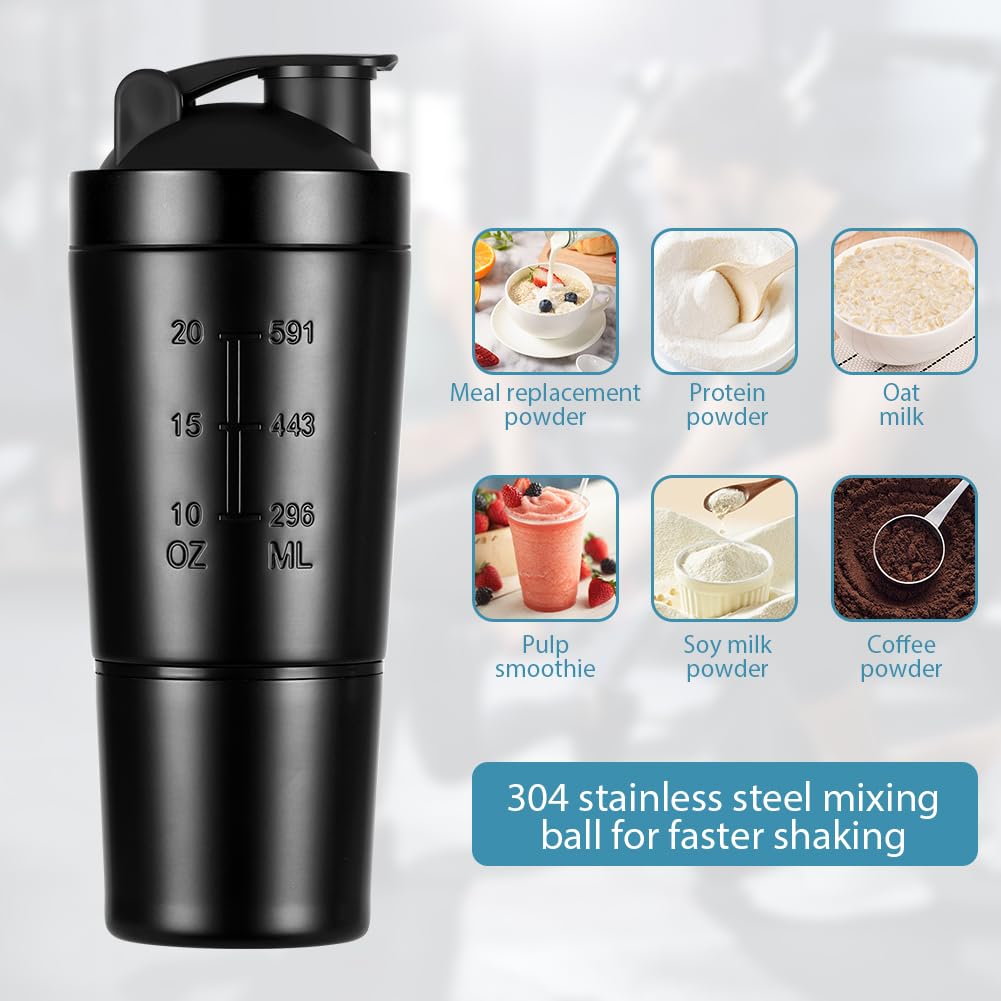 ACWOO Shaker per Proteine in Acciaio Inox Bottiglia, 700 + 200 ML Shaker Steel con Scomparto per Polvere e Miscelatore Sfera, per Bevande Proteiche per Gli Appassionati di Sport All'aria Aperta