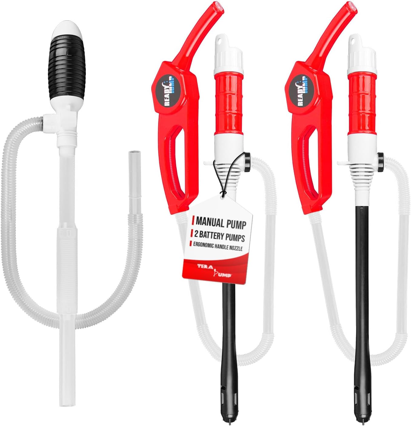 TERA PUMP Fuel Pump Bundle – 3-in-1 Set with 1 Manual Siphon Pump (TRDPF25) & 2 Battery Pumps (TRHD05) – Fast Liquid Transfer for Gas, Diesel, Kerosene, e15-e85, Antifreeze, Water