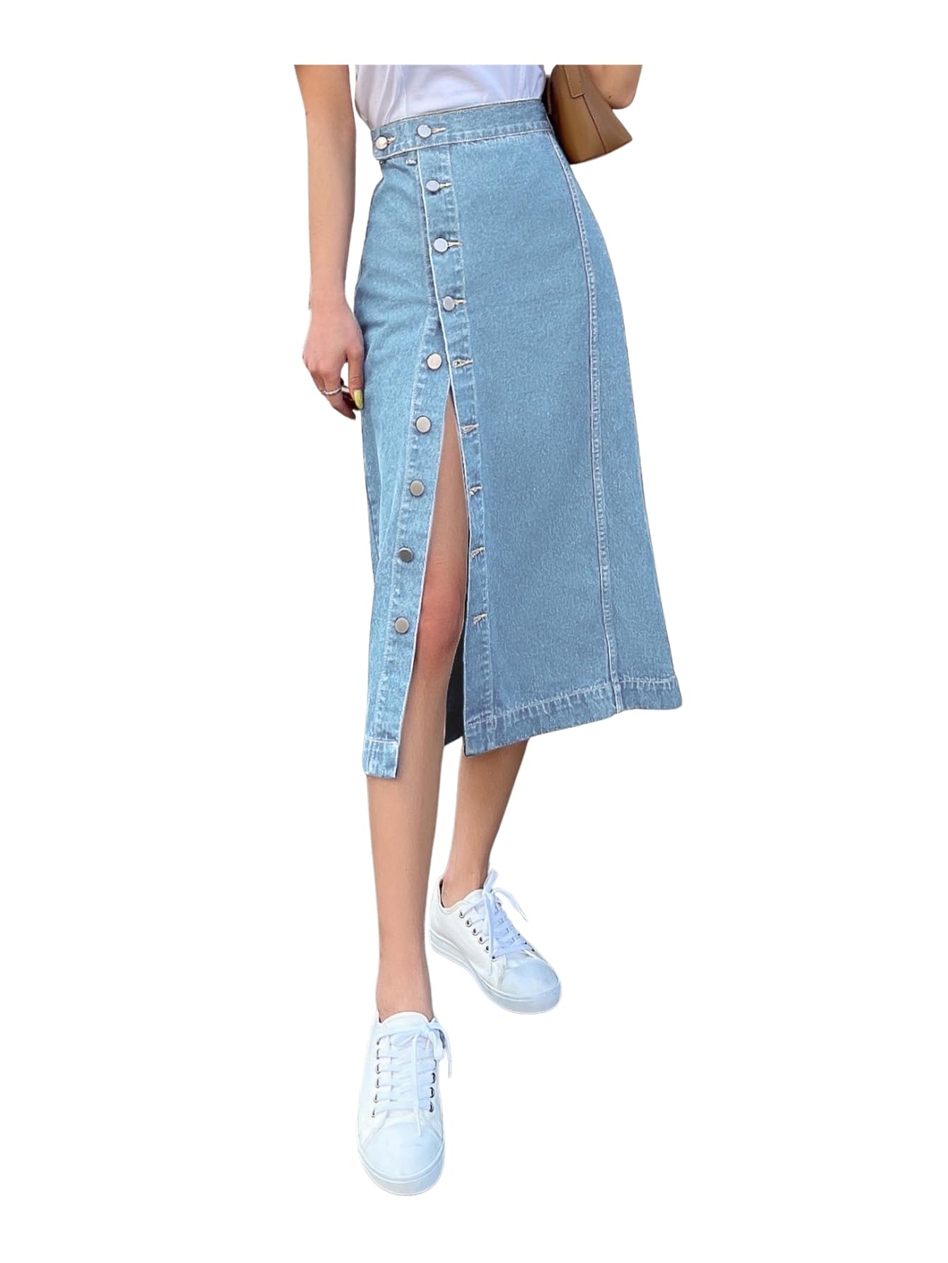 Midi Denim Pencil Front Button Side Slit Skirt for Women's & Girl's-image-15