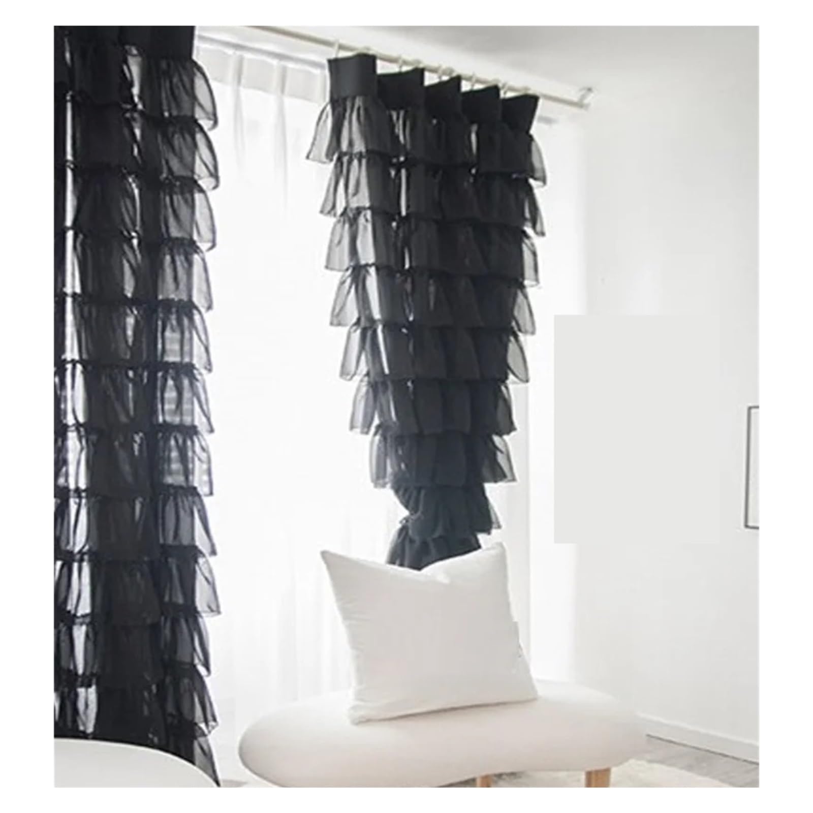 HEUchuan Ruffled Curtains Cupcake Layer Curtains, Black White Lace Sheer Curtain for Living Room, Girls, Romantic Cortinas for Bedroom(Black,1.GROMMET TOP_1PC W150 H220 CM)
