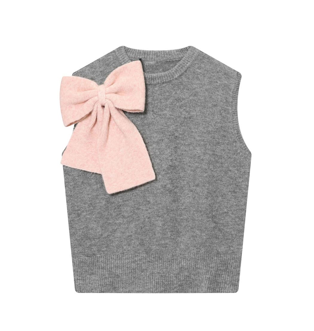Womens Sweet Bow Sweater Vest - O-Neck Knitted Pullover for Autumn Winter