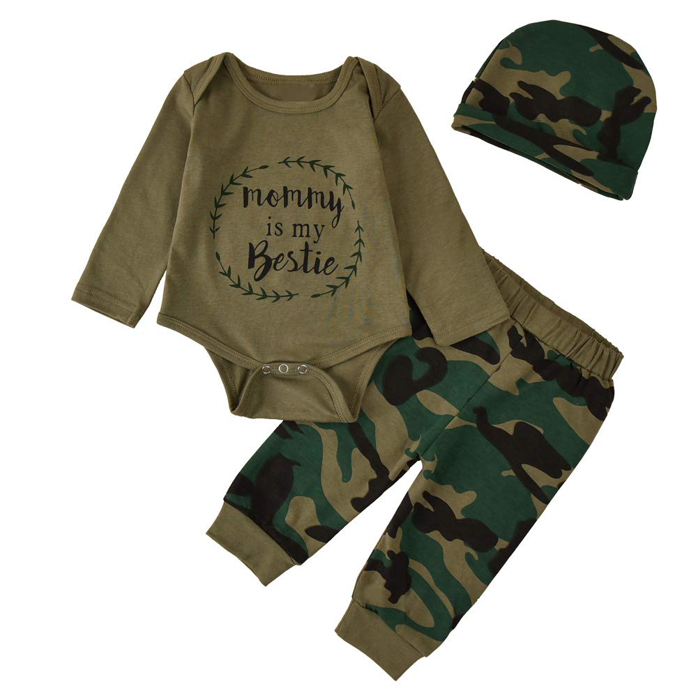 Newborn Baby Boy Camo Clothes Long Sleeve Romper Bodysuit Camouflage Pants with Hat 3Pcs Fall Winter Outfits Set (Army Green,3-6 Months)