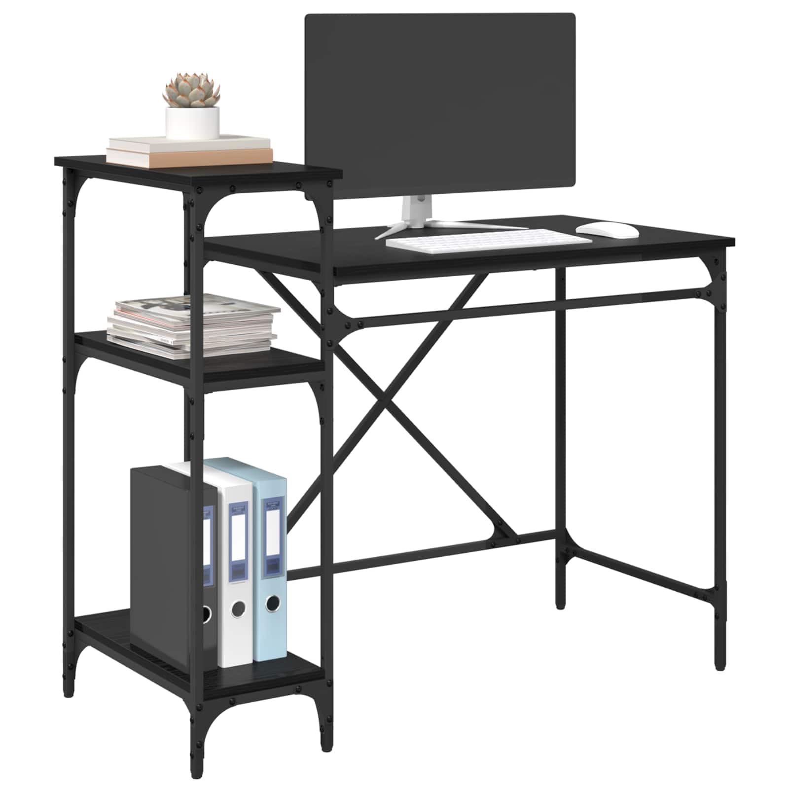 Scrivania con ripiani, 105 x 50 x 90 cm, scrivania industriale per computer, colore nero, effetto rovere, stabile tavolo da ufficio in legno per casa, stile loft urbano