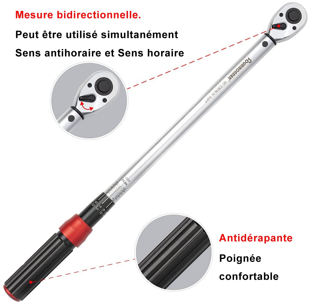 Clé Dynamométrique 1/2" 60-330 Nm Précision±3% 90 Dents