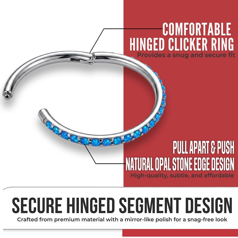 Natural Opal Stone Edge 16 Gauge 316L Surgical Steel Hinged Clicker Segment Ring Ear Septum Tragus Helix Piercing Jewelry