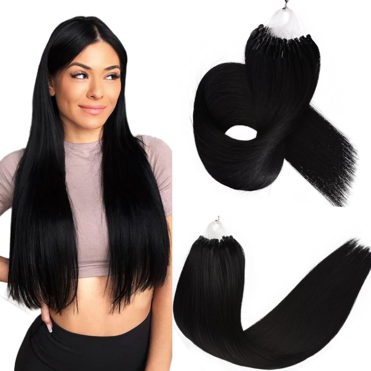 kun na Hair Micro Beads Hair Extensions Real Human Hair Ring Extension 1g/Strand 50s/Pack Silky Straight Pre-Blonded Loop Hair Extensions -20 inch-#1