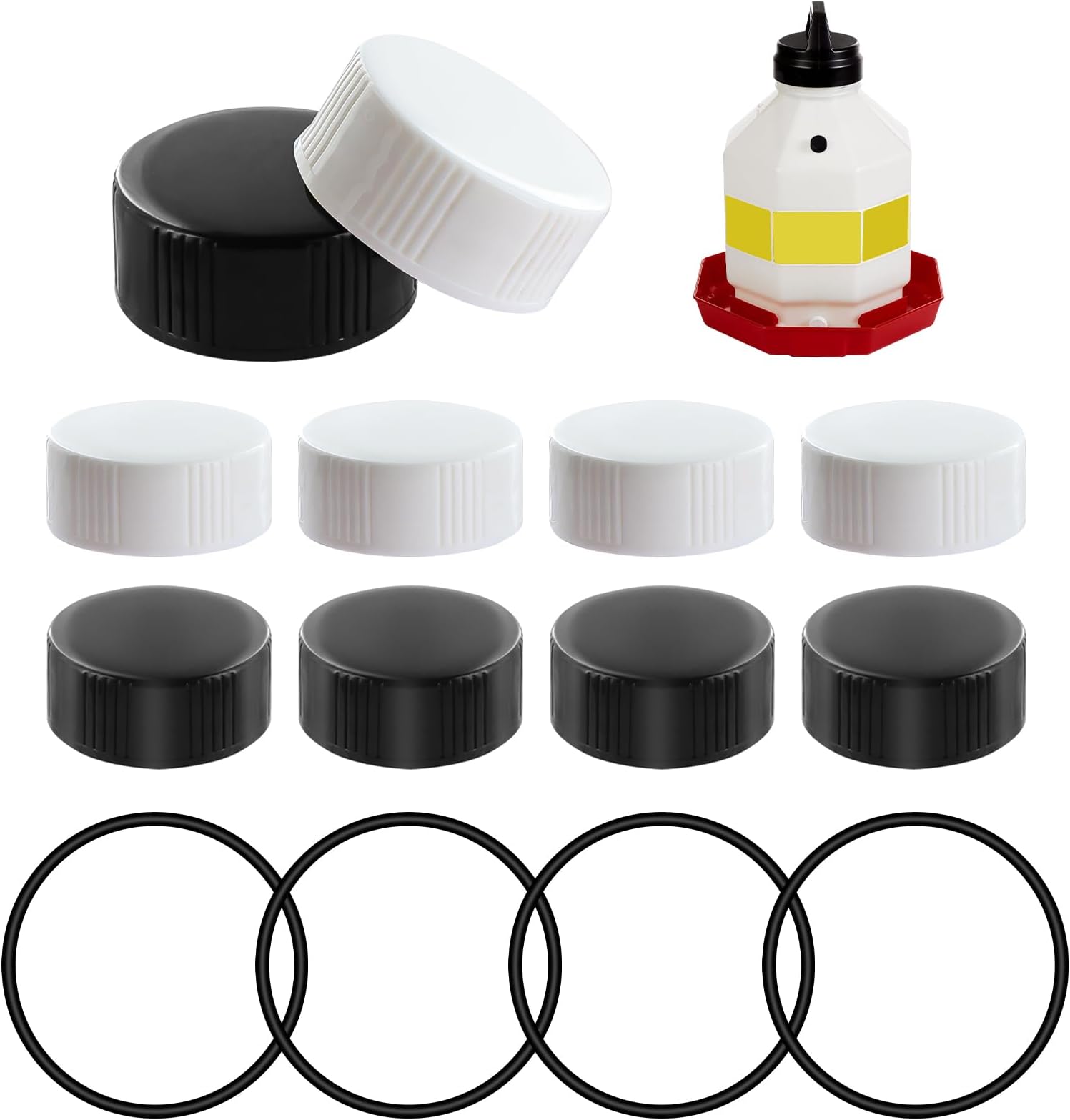 Plastic Poultry Waterer Replacement Parts Kit - 10 Caps & 4 O-Rings, Compatible with Miller, Little Giant PPF & Farm-Tuff 3/5/7 Gallon Poultry Founts (Black & White)