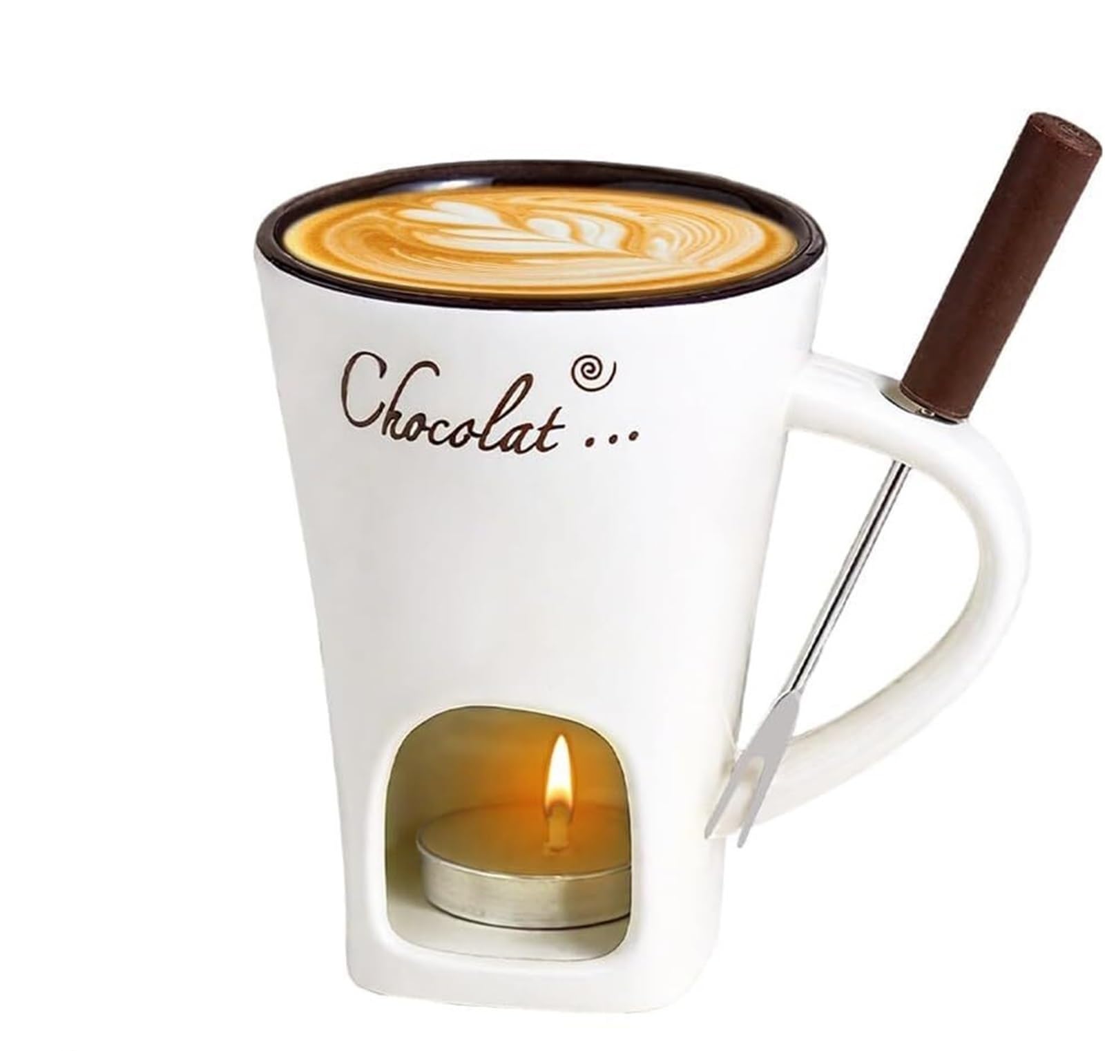 Tasse à fondue au chocolat beige avec fourchettes pour collation