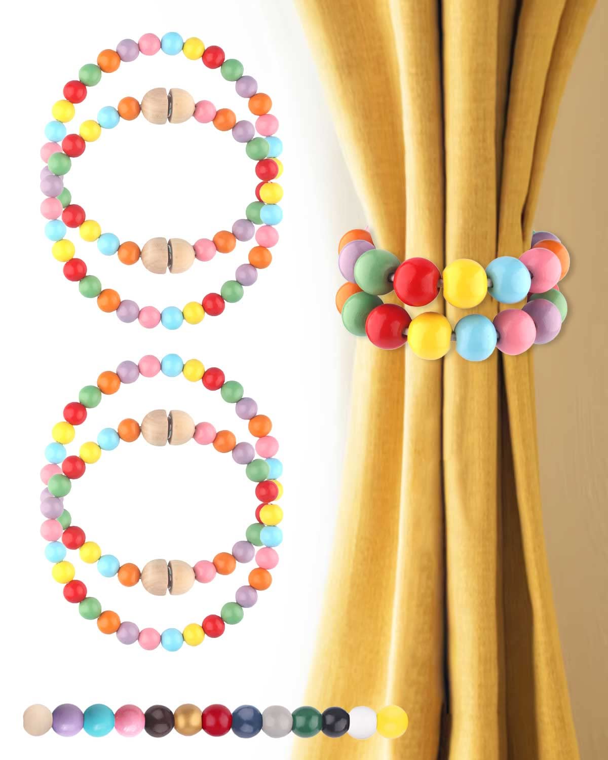 CHILAC Colorful Boho Curtain Tiebacks 4 Packs: Stronge Magnet Wood Bead Curtain Tiebacks, Magnetic Curtain Tie Backs for Curtains Holder for Boho