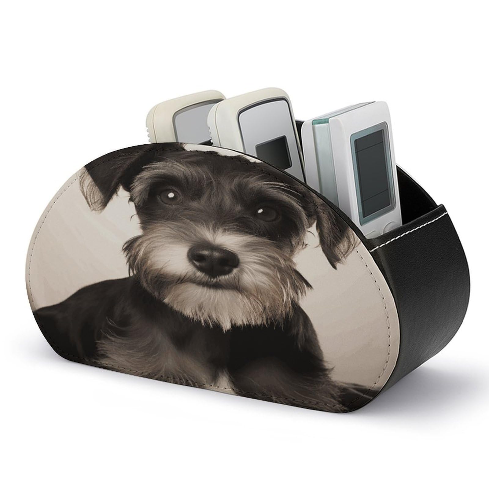 VstaDank Cute Schnauzer Remote Control Holder with 5 Compartments PU Leather Remote Caddy Desktop Organizer Store TV Remote Control Storage Box for Home Office Desk Nightstand