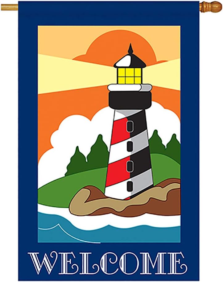 Breeze Decor Two Group H106052-P2 Lighthouse Coastal Nautical Applique Decorative Vertical 28" x 44" Double Sided House Flag