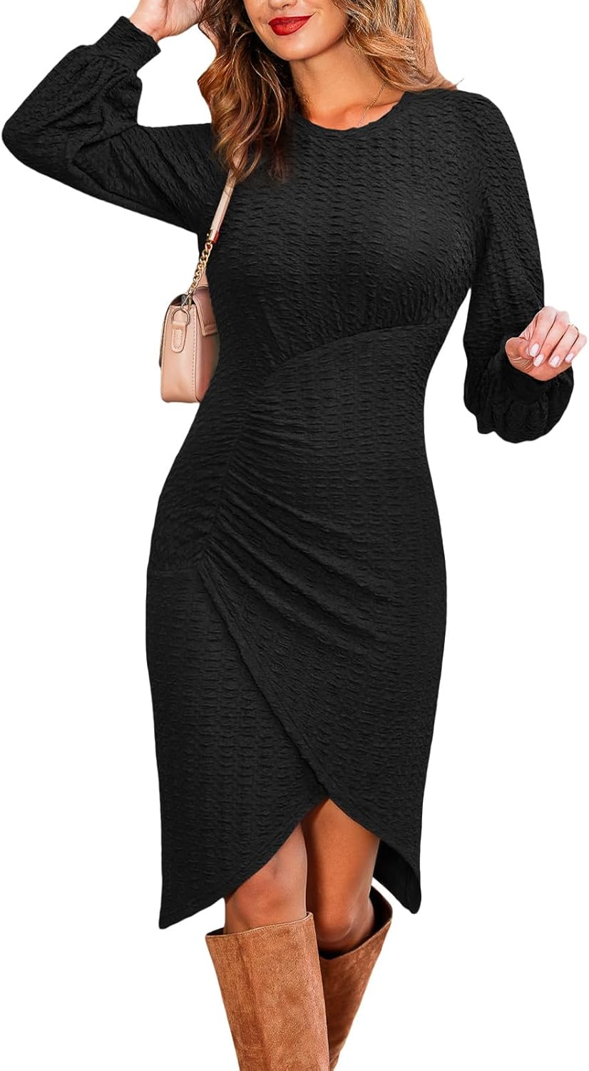 CUPSHE Women's Knit Ruched Wrap Bodycon Dress Crew Neck Long Sleeve Sexy Party Cocktail Work Fall Midi Dress