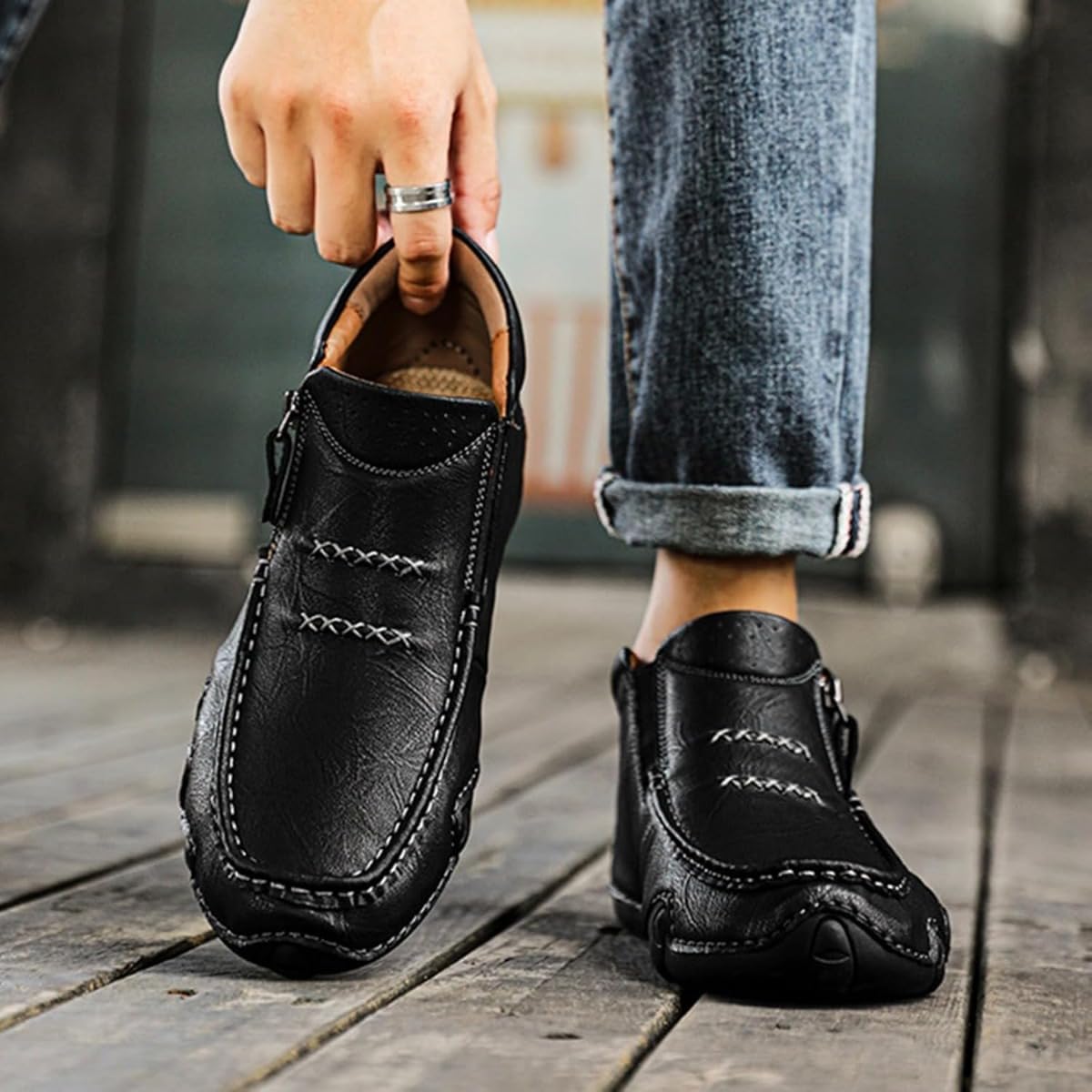 Men's Leather Hand Stitching High Top Ankle Boots Comfort Slip On Orthopedic Leather Boots Wide Toe,Arch Support Waterproof Non-Slip Side Zipper Mid Driving Chukka Loafers - Image 6