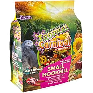 F.M. Brown’s Tropical Carnival Gourmet Bird Food for Parrots, African Greys, and Conures Under 13″, Probiotics for Digestive Health, Vitamin-Nutrient Fortified Daily Diet – 5 lb.