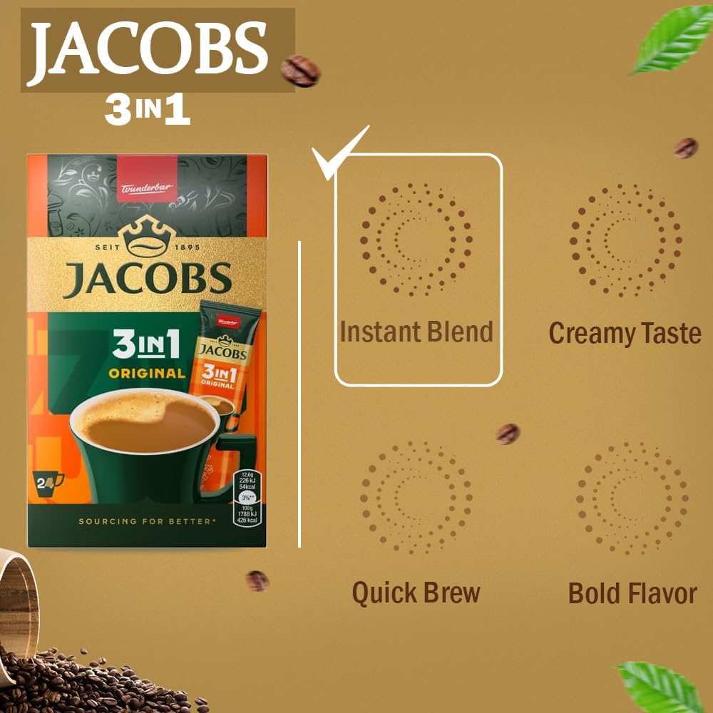Jacobs 3-w-1 Saszetki z kawą instant – 6 opakowań po 6 x 24 saszetki, 302,4 g – Łącznie 144 saszetki.