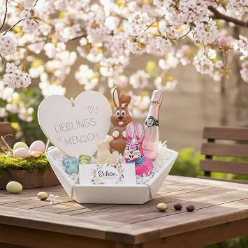 Easter Nest for Favourite Person Gift Set with Champagne & Chocolate - Easter Basket with Wooden Heart Engraving Chocolate Bunny & Rose Champagne - Ready Easter Gift for Women Men