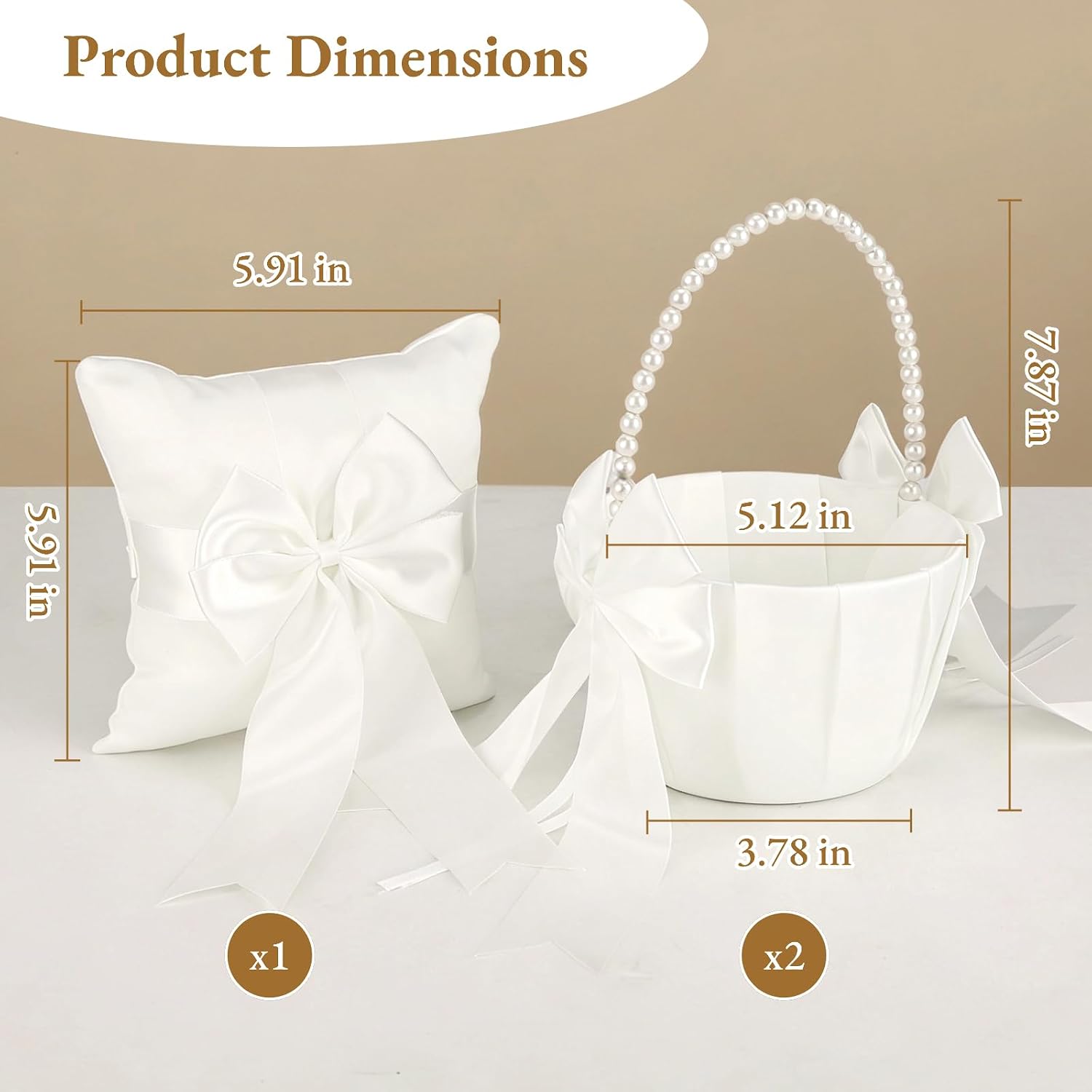 3 Pcs Wedding Ring Pillow and Flower Baskets Set, Elegant White Ribbon, Pearl Handle Baskets, Handcrafted for Romantic Ceremonies