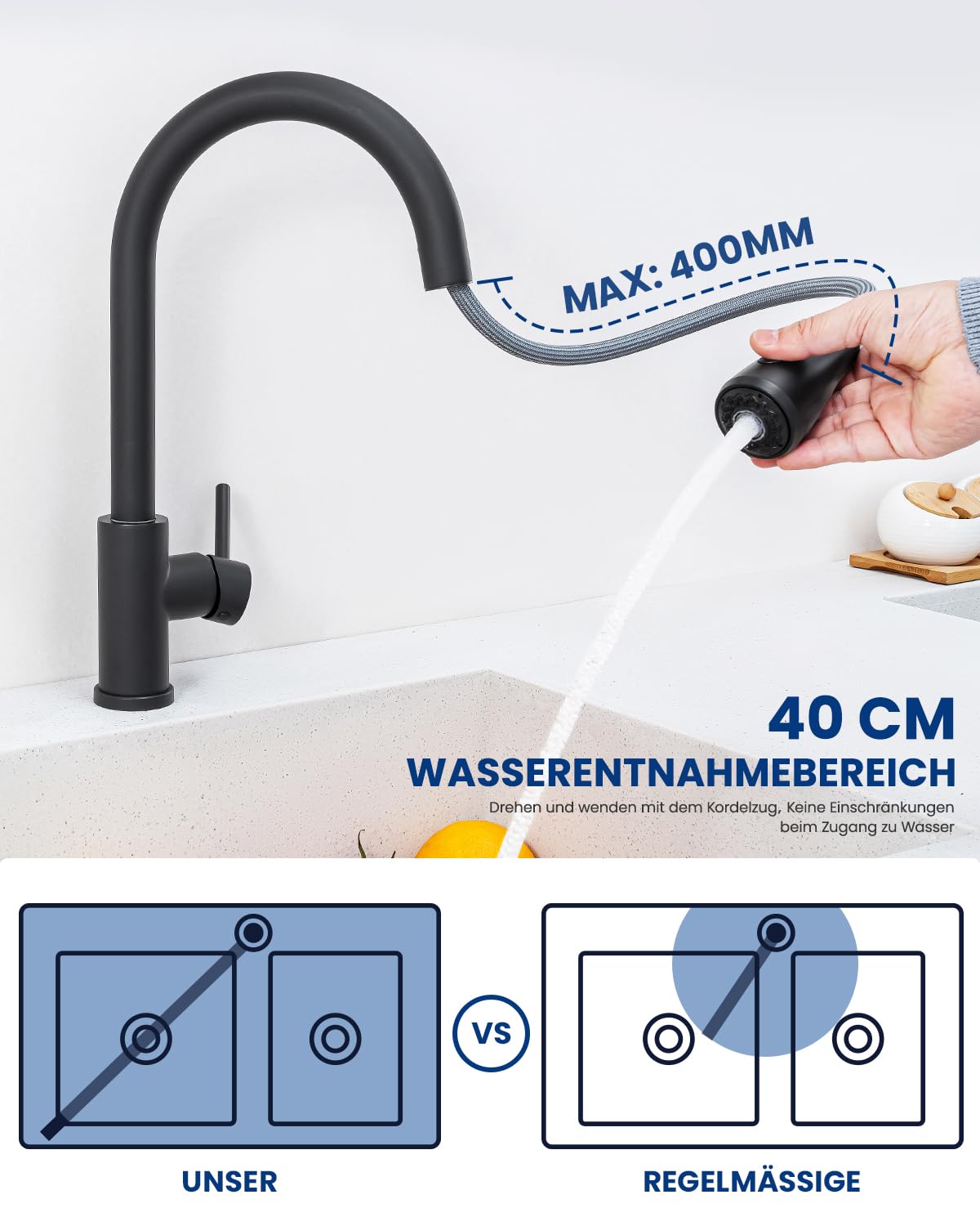 CECIPA Czarna bateria zlewozmywakowa z 3 rodzajami trybów, bateria z wyciąganą głowicą prysznicową, ciśnienie wychylne 360° jednouchwytowe, bateria kuchenna z wyciąganą głowicą prysznicową ze stali