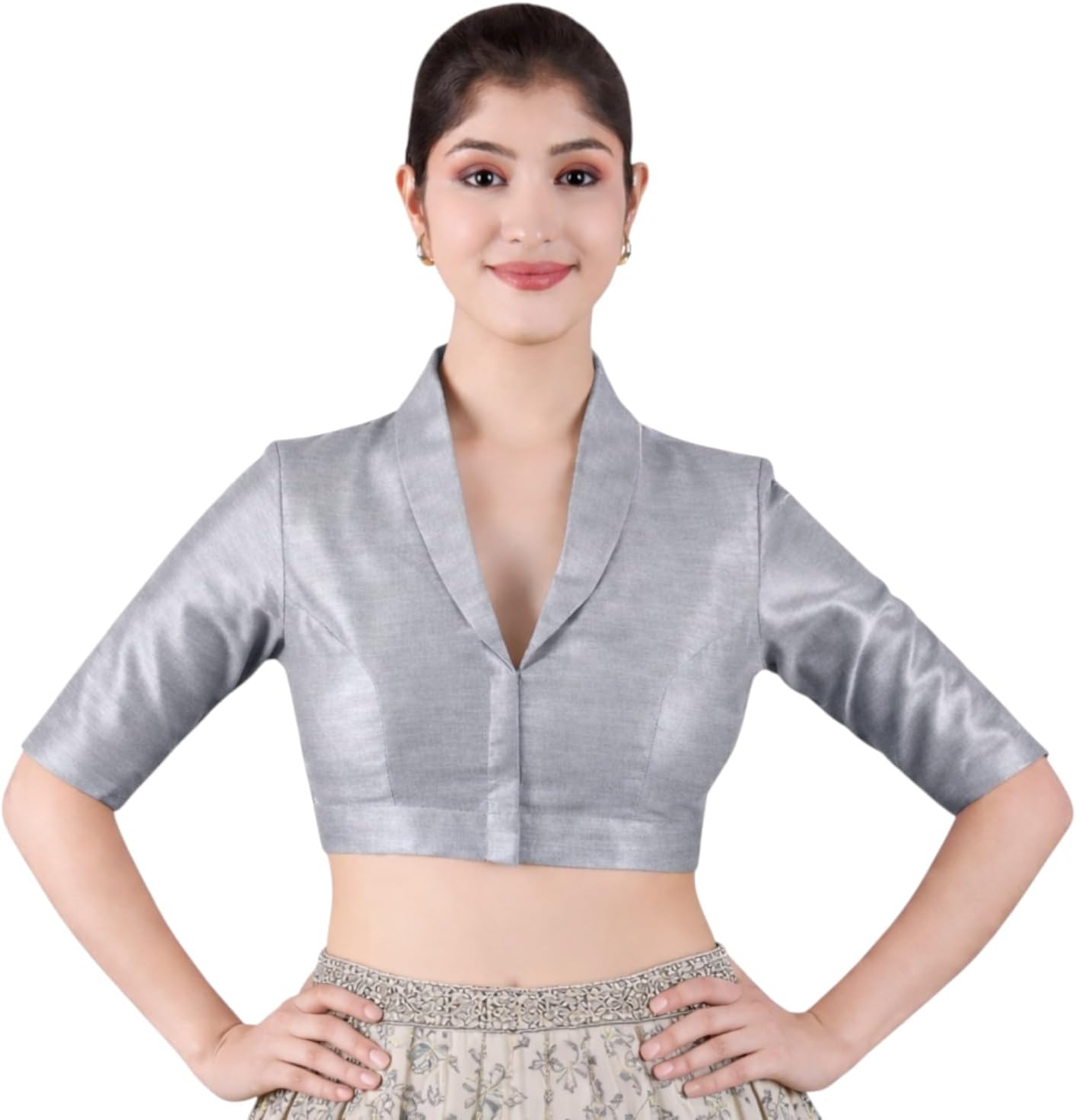 Women’s Solid Collar Neck Readymade Saree Blouse | Front Open Non Padded | Half Sleeve Art Silk Blouse