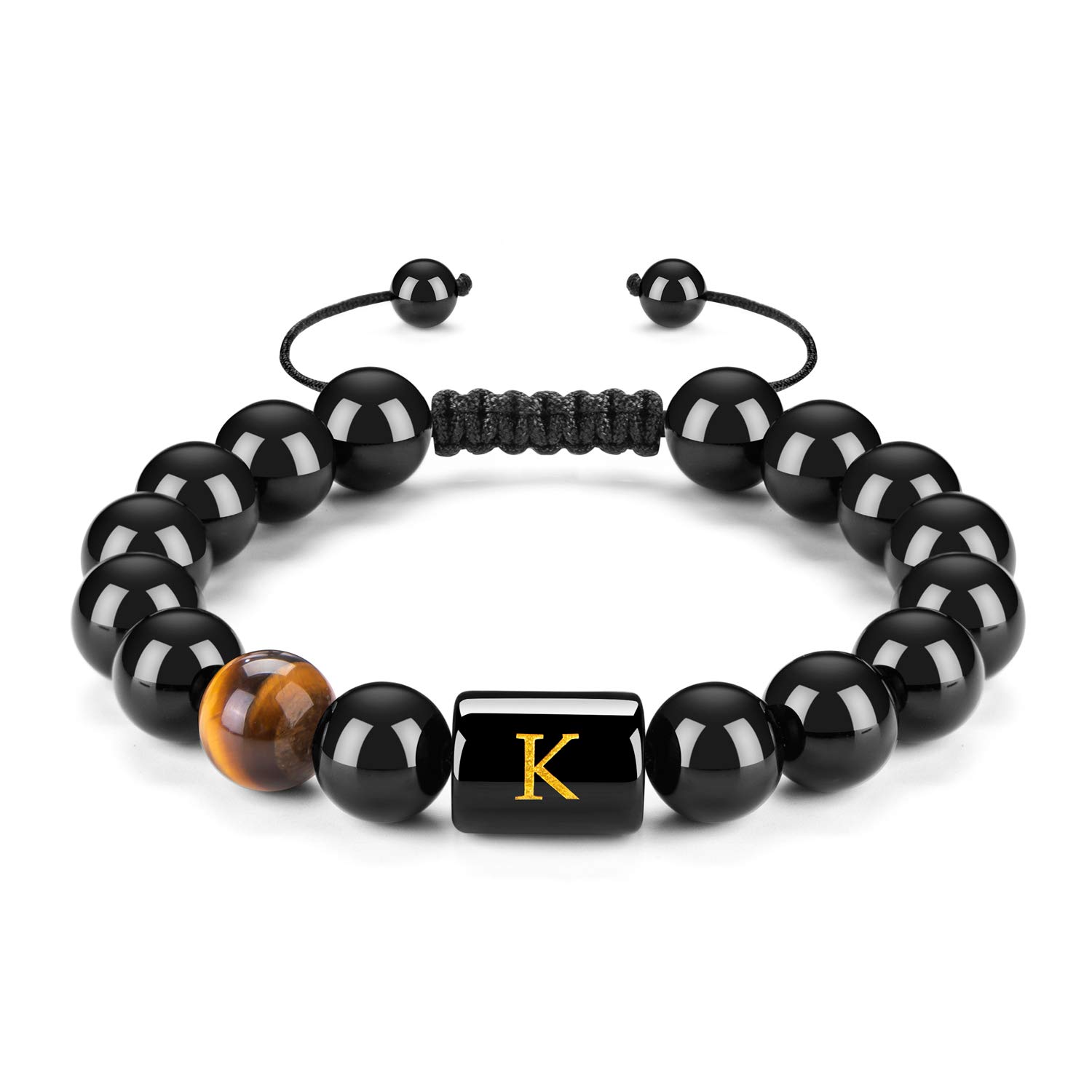 FRGInitials Bracelets for Men Letter Link Handmade Natural Black Onyx Tiger Eye Stone Beads Braided Rope Meaningful Bracelet