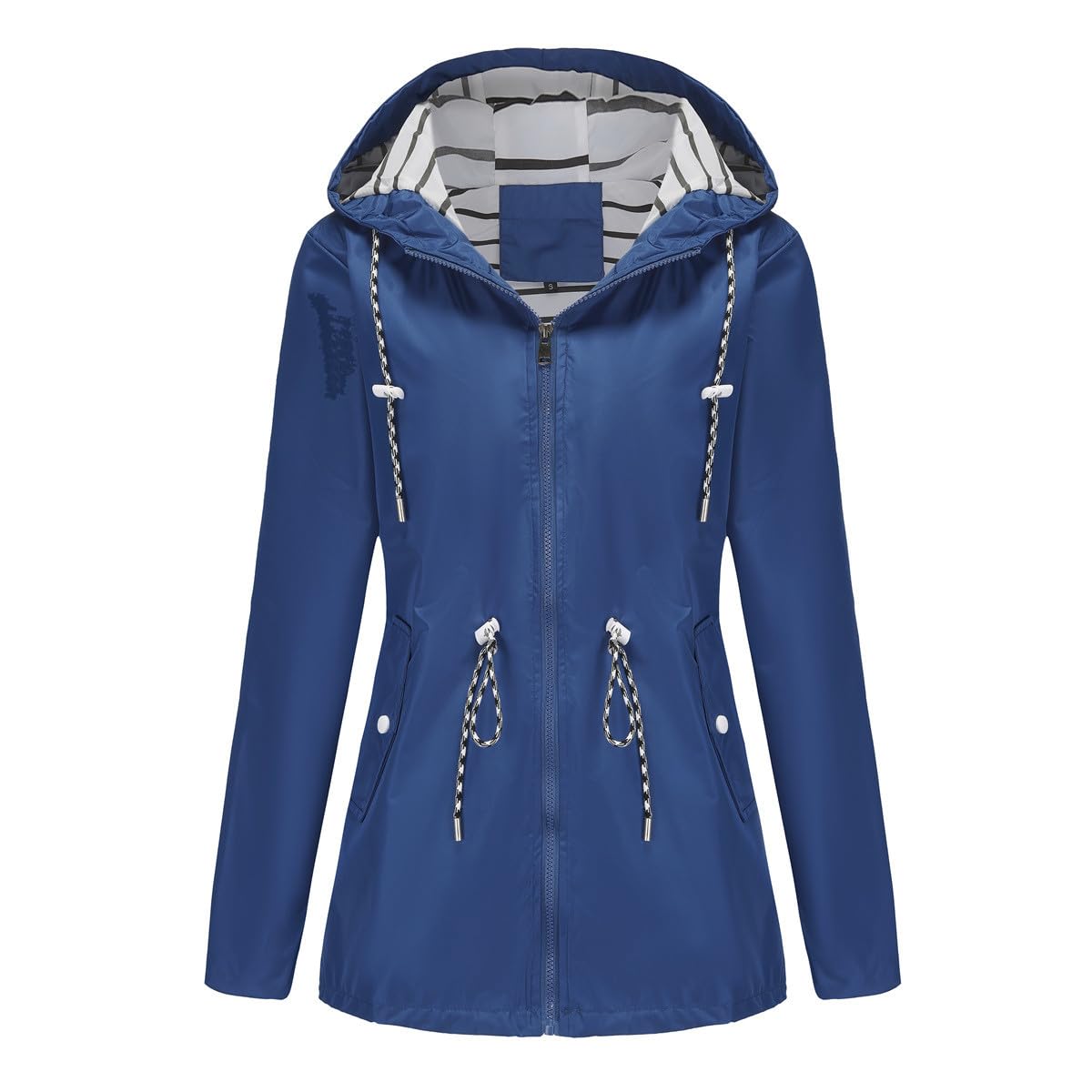 Regenjacke Damen Lang Wasserdichte Atmungsaktive Kapuzenjacke Gestreiftem Gefütterte Regenmantel Winddichte Outdoorjacke Rain Jacket mit Kapuzen Zipper Jacke Leichte Übergangsjacke Dünne Winterjacke