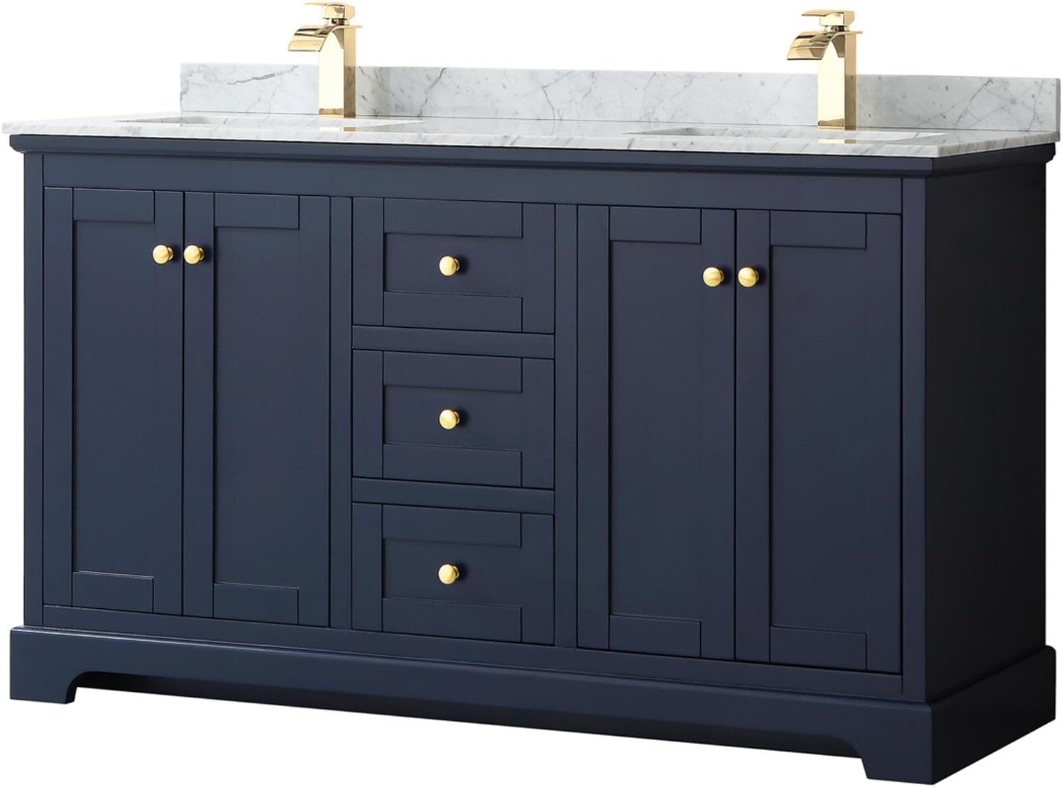 Wyndham Collection Avery 60 Inch Double Bathroom Vanity in Dark Blue, White Carrara Marble Countertop, Undermount Square Sinks, and No Mirror