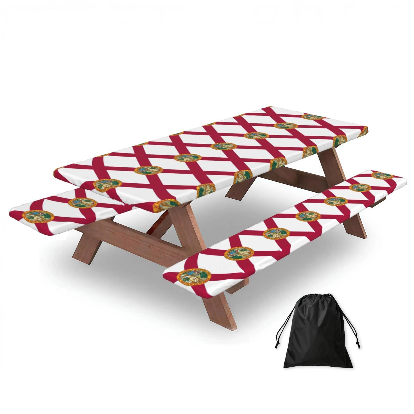 Duwaa Black Florida State Flag Print 183Cm Picnic Table Cover With Bench Covers, Waterproof Elastic Tablecloth Set For Outdoor