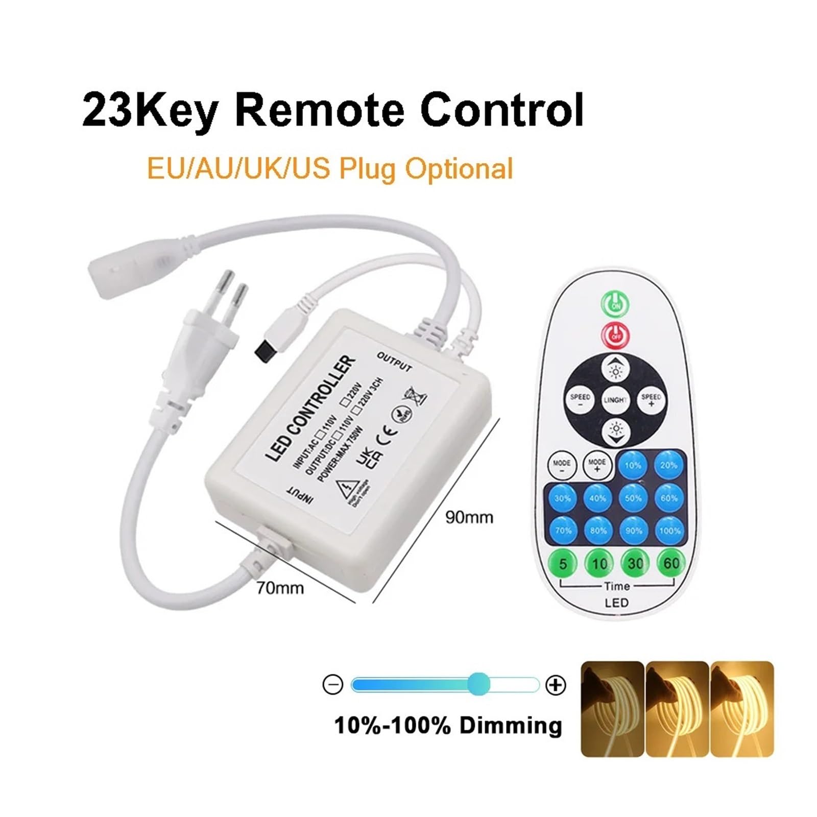 Controlador atenuador LED Control remoto atenuador LED/controlador de pantalla táctil for PCB de 8mm 110V/220V 288Leds/m tira de luz COB(23Key Remote Dimmer,220V AU Plug)