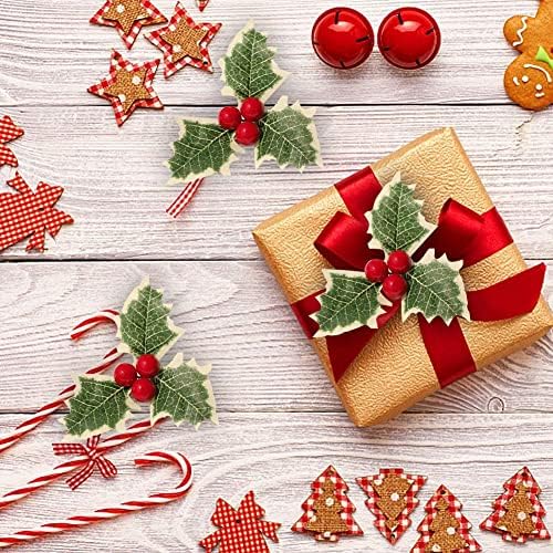 mciskin 12 Pieces Artificial Holly Berry with Green Leaves for Christmas Wreath Arrangement Cake Toppers Craft Wedding Party Decorations (Red)
